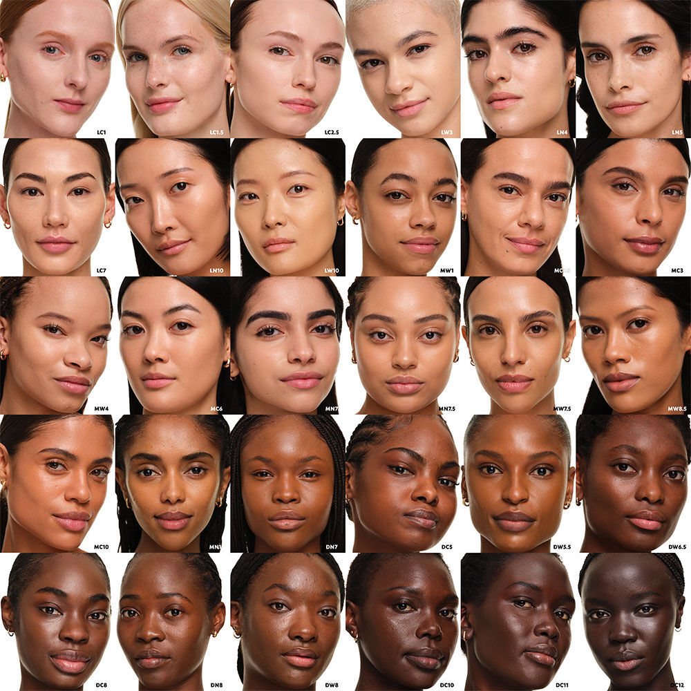 Grid of 31 diverse models showing the inclusive shade range of YSL SKIN AFFAIR SOFT GLOW CUSHION FOUNDATION.