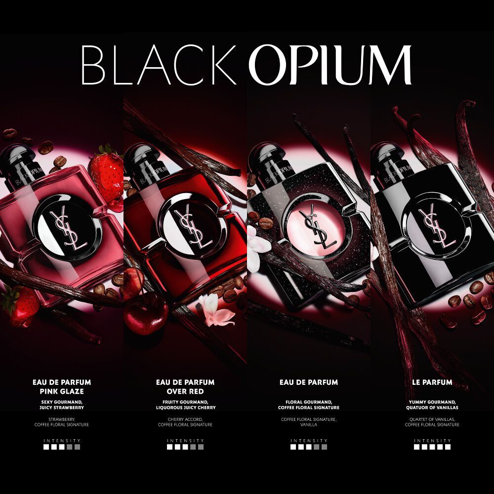 Comparativa de YSL Black Opium que revela las notas y la intensidad de cuatro fragancias: Pink Glaze (fresa), Over Red (cereza), Eau de Parfum (clasico cafe floral) y Le Parfum (cuarteto de vainillas).