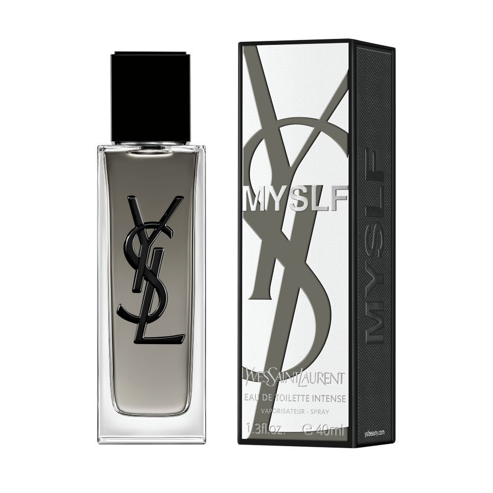 The MYSLF Eau de Toilette Intense bottle standing next to its black and silver branded outer packaging.