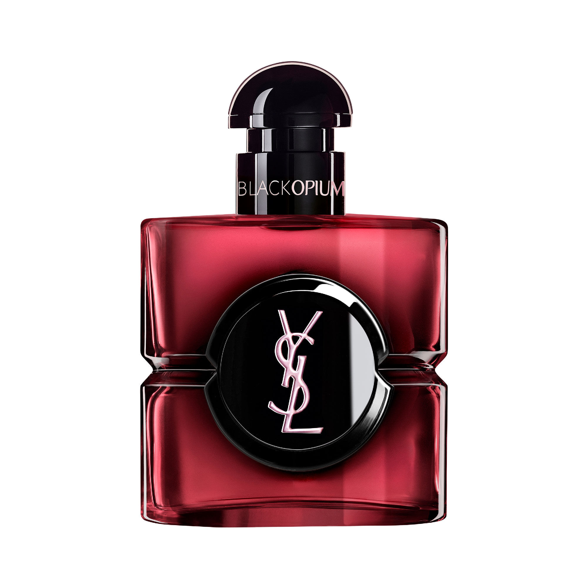 Frasco de Black Opium Eau de Parfum Pink Glaze en laca rosa
                        oscuro con centro negro y el logo Cassandre de YSL en plateado.