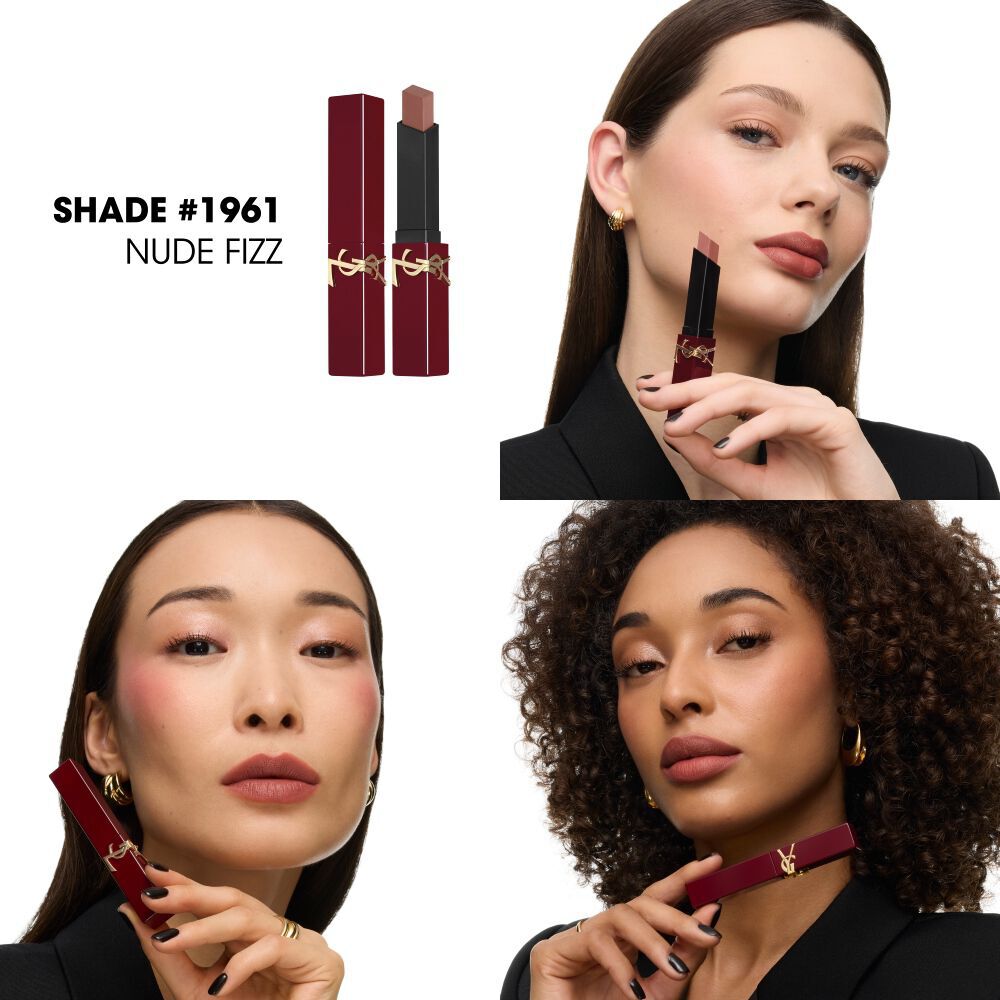 Modelos diversas posando con el labial YSL The Slim Collector en tono nude #1961.