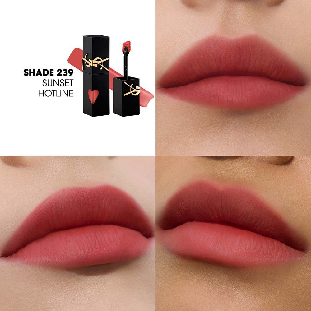 Collage que muestra el frasco de tinte labial de YSL y una muestra de textura (arriba a la izquierda) junto a tres primeros planos de muestras de labios en distintos tonos de piel, incluyendo una en el momento de aplicarse con la varita.
