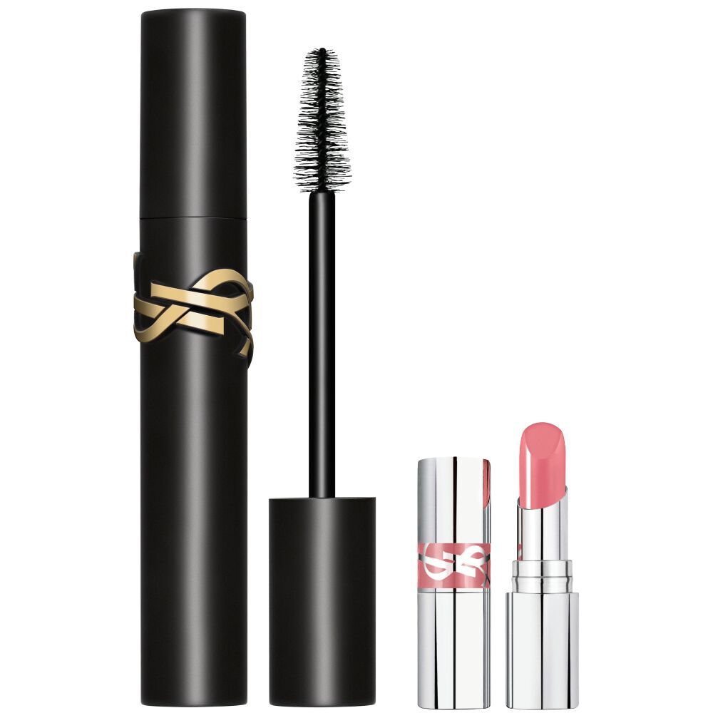 Primer plano de la mascara de pestanas YSL Lash Clash y el mini lovehsine 44 sobre fondo blanco.