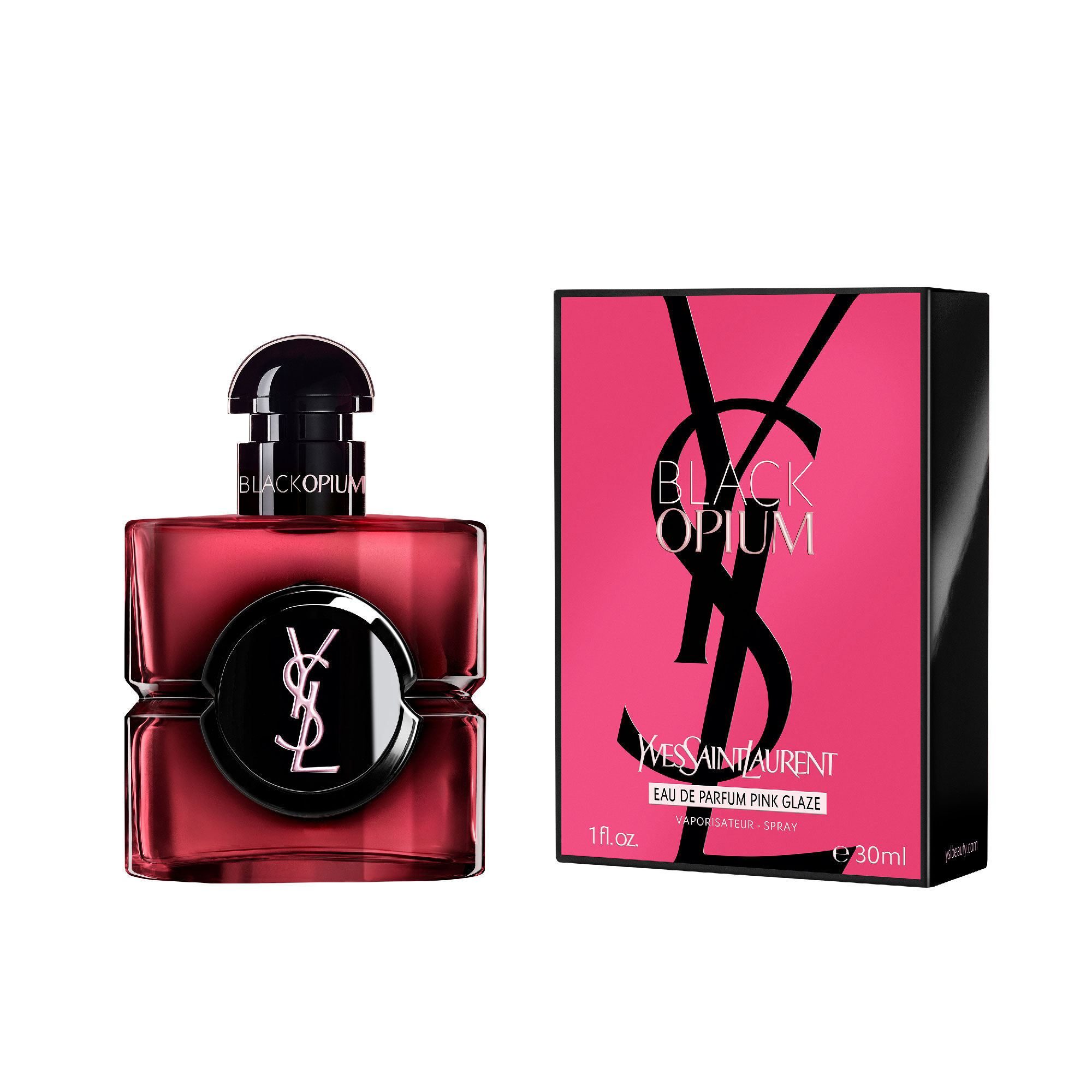 Frasco de Black Opium Eau de Parfum Pink Glaze junto a su
                        caja fucsia y negra con el Cassandre de YSL.