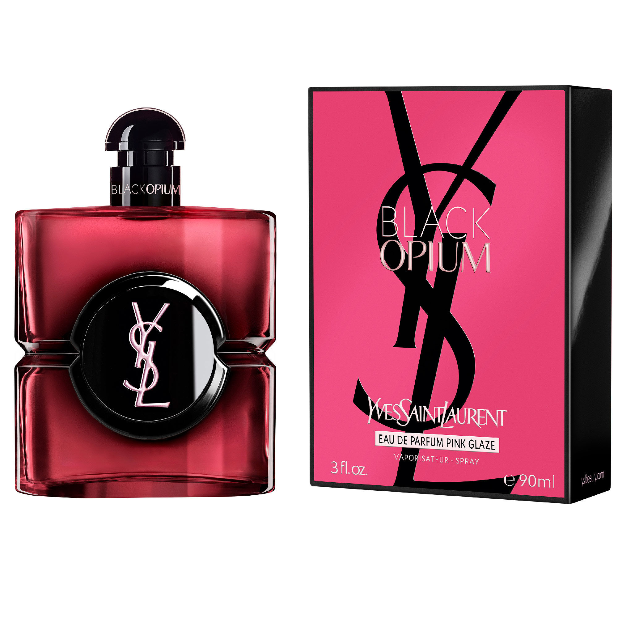Frasco de Black Opium Eau de Parfum Pink Glaze junto a su
                        caja fucsia y negra con el Cassandre de YSL.