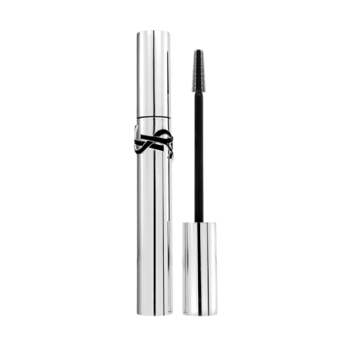 YSL Lash Latex Mascara in a sleek silver tube with black YSL logo, featuring a precise wand.