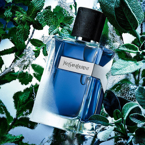 Frasco de YSL Y Eau de Toilette Intense Iced Cologne, con cristal esmerilado, rodeado de vibrantes hojas de menta y agua helada.