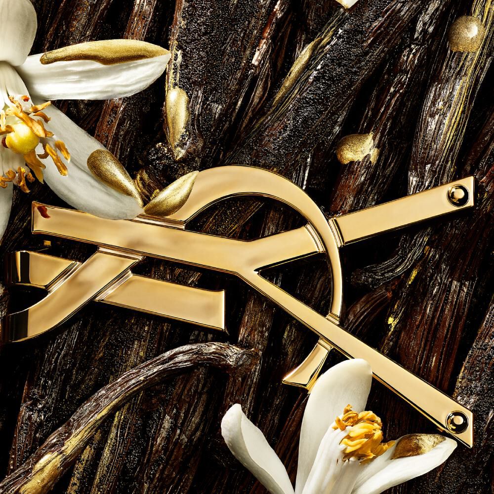 Primer plano del logo YSL dorado colocado entre vainas de vainilla, flores blancas y toques dorados brillantes.