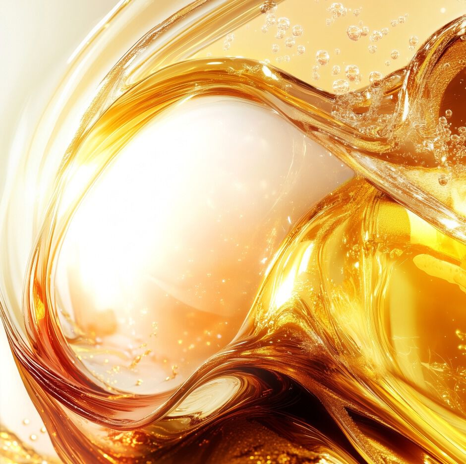 Primer plano de los ingredientes de la crema Eye Reboot Pure Shots de YSL: líquido dorado abstracto con burbujas, representando el Complejo de Cafeína y Vitaminas.
