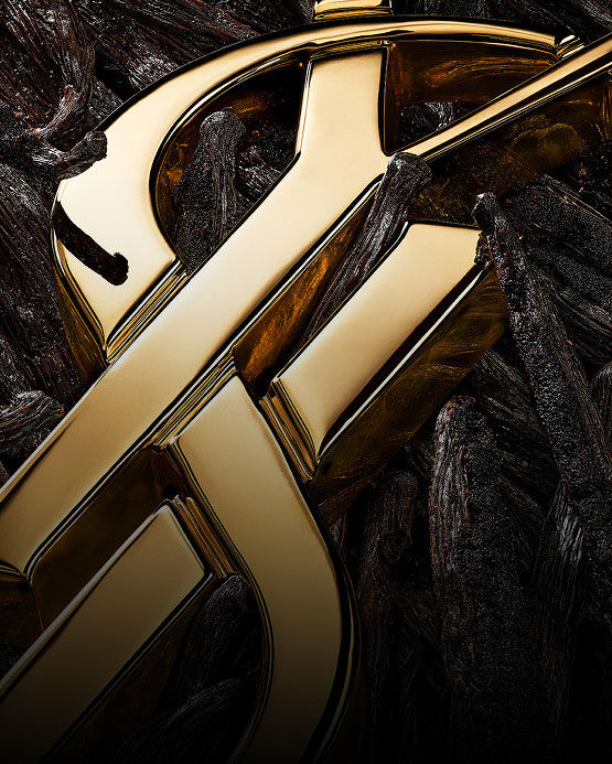 Vista detallada de vainas de vainilla oscura con un brillante emblema dorado de YSL.