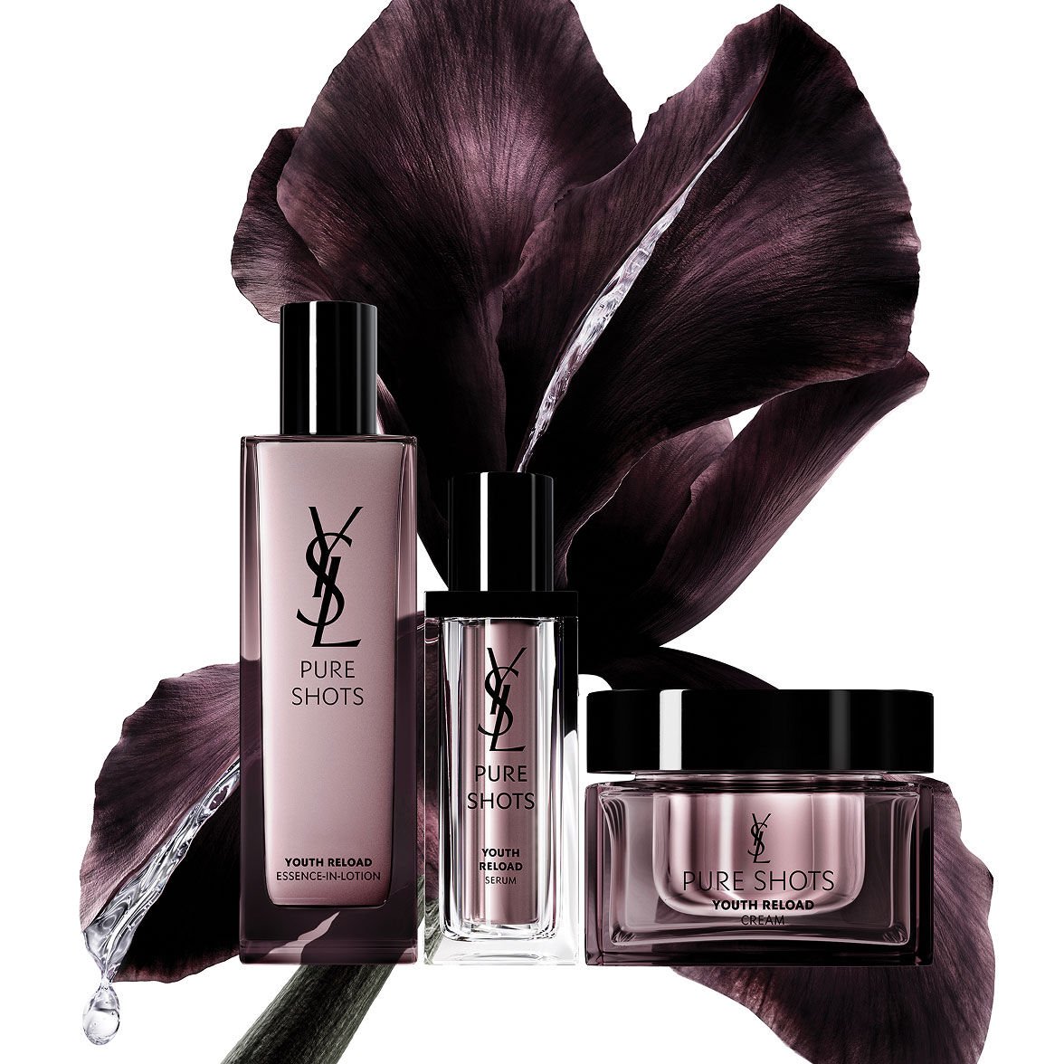 YSL Beauty Pure Shots Youth Reload Essence-in-Lotion, Serum, Cream con flor de iris.