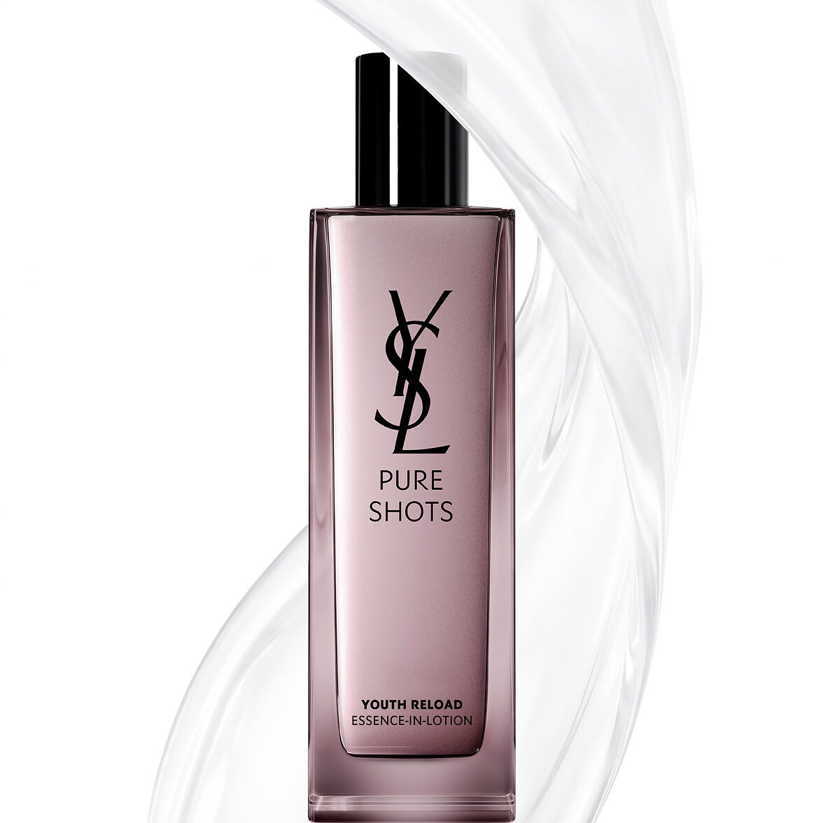 Botella de YSL Beauty Pure Shots Youth Reload Essence-in-Lotion, rodeada por un remolino claro y dinámico de su textura.