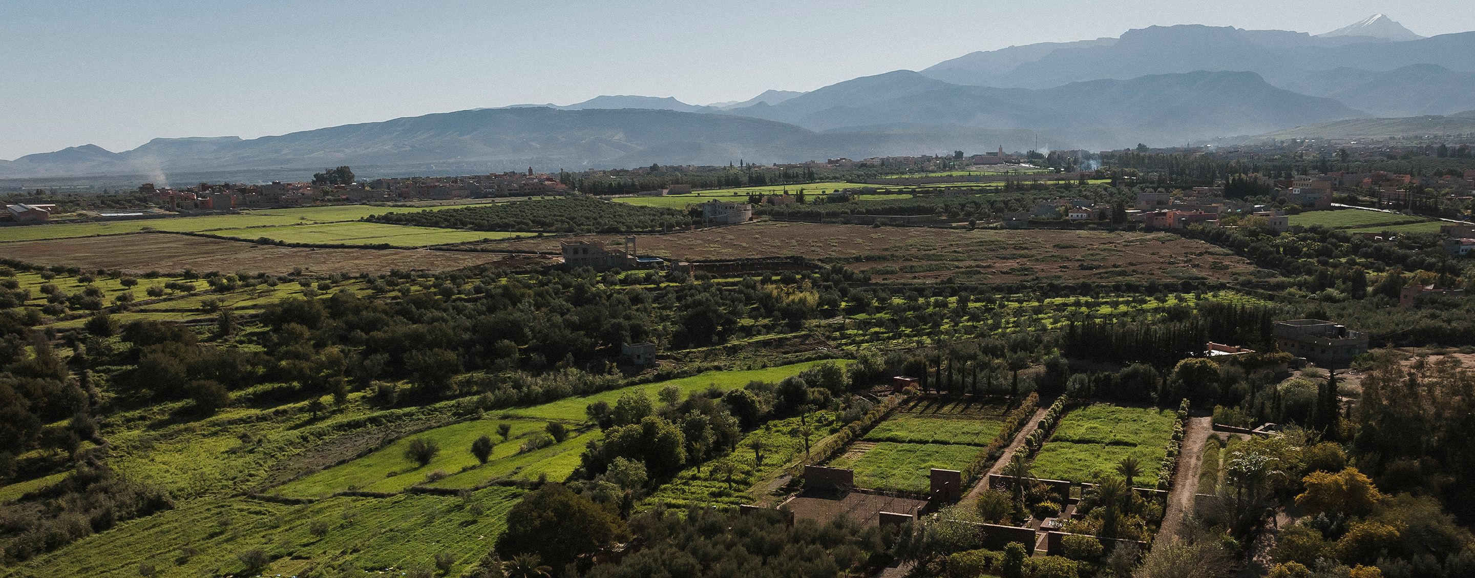 Jardines de Ourika, con campos verdes exuberantes y montañas distantes.