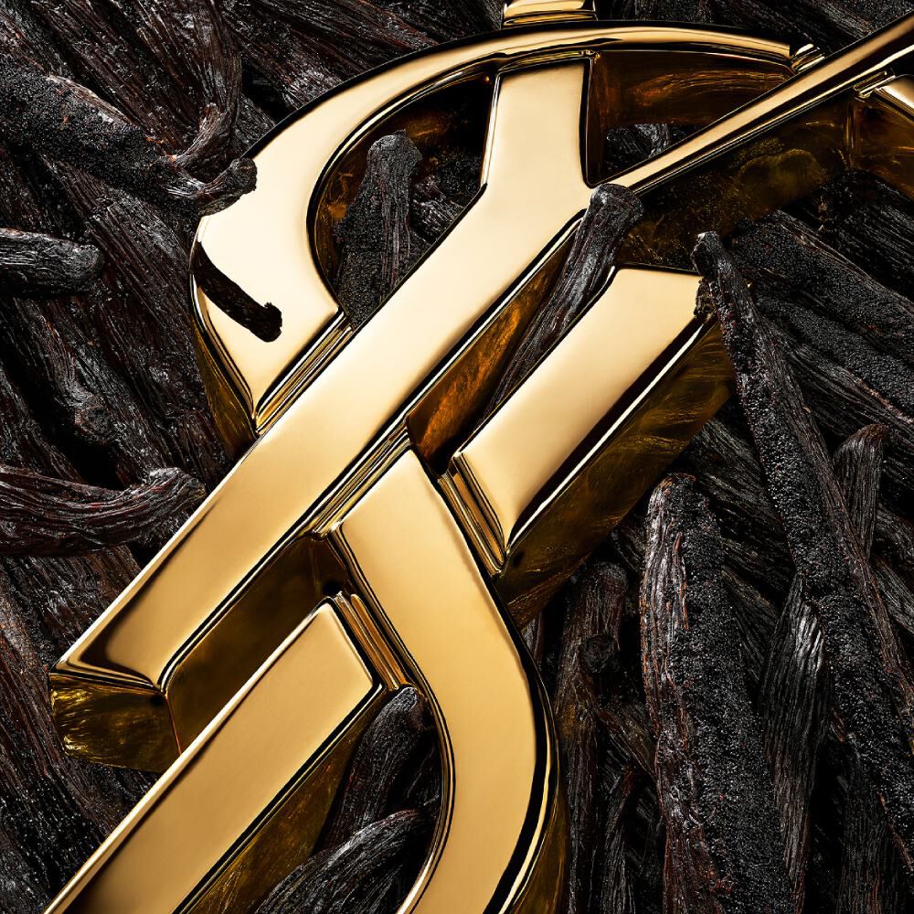 Primerísimo plano estilizado del logo YSL dorado sobre vainas de vainilla oscuras, acentuando las texturas.