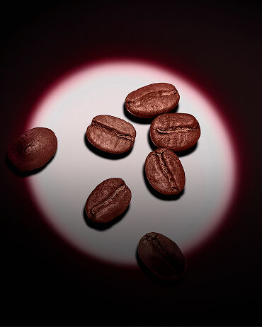 Un grupo de granos de café tostados, realzados por un foco circular rosa sobre un fondo oscuro.